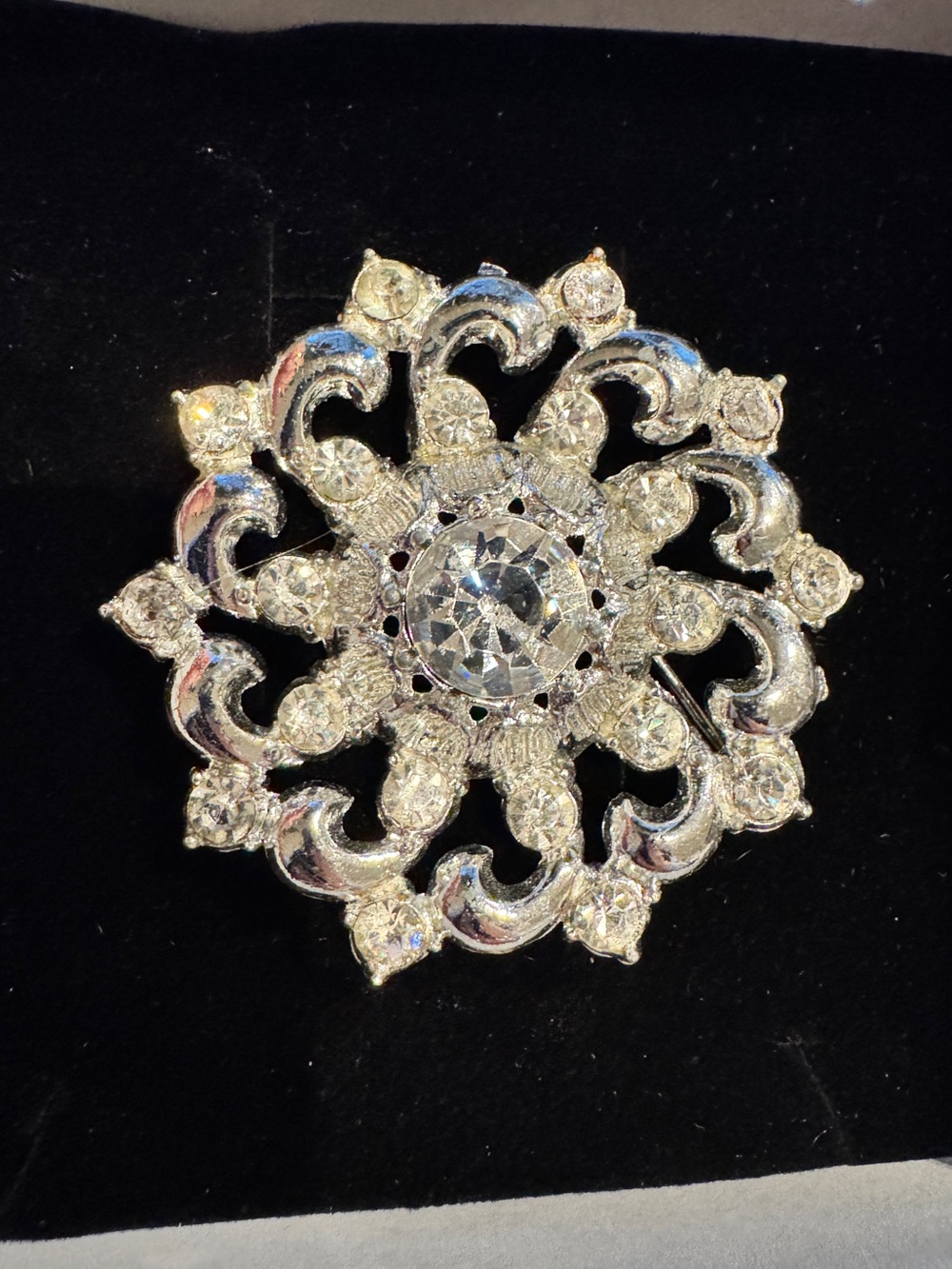 Vintage Crystal Floral Statement Brooch - Silver Tone